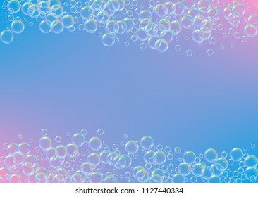 Soap foam on gradient background. Realistic water bubbles 3d. Cool rainbow colored liquid foam with shampoo bubbles. Horizontal cosmetic flyer and invite. Soap foam for bath and shower. Vector EPS10.