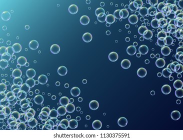 Soap foam on gradient background. Realistic water bubbles 3d. Cool rainbow colored liquid foam with shampoo bubbles. Horizontal cosmetic flyer and invite. Soap foam for bath and shower. Vector EPS10.