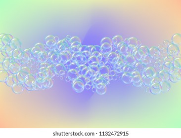 Soap foam on gradient background. Realistic water bubbles 3d. Cool rainbow colored liquid foam with shampoo bubbles. Horizontal cosmetic flyer and invite. Soap foam for bath and shower. Vector EPS10.