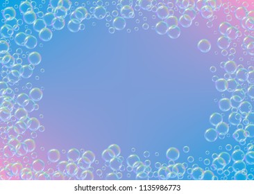 Soap foam on gradient background. Realistic water bubbles 3d. Cool rainbow colored liquid foam with shampoo bubbles. Horizontal cosmetic flyer and invite. Soap foam for bath and shower. Vector EPS10.
