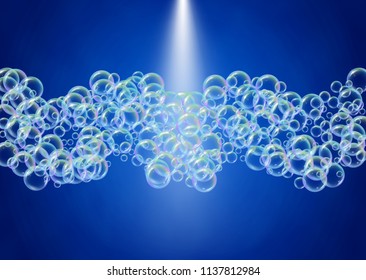 Soap foam on gradient background. Realistic water bubbles 3d. Cool rainbow colored liquid foam with shampoo bubbles. Horizontal cosmetic flyer and invite. Soap foam for bath and shower. Vector EPS10.