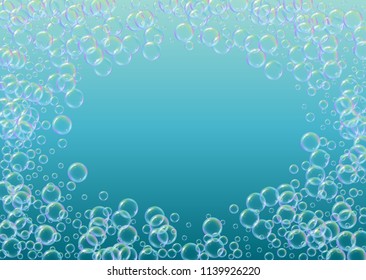 Soap foam on gradient background. Realistic water bubbles 3d. Cool rainbow colored liquid foam with shampoo bubbles. Horizontal cosmetic flyer and invite. Soap foam for bath and shower. Vector EPS10.