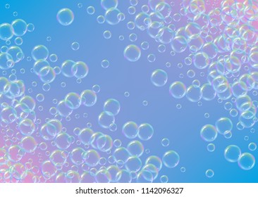 Soap foam on gradient background. Realistic water bubbles 3d. Cool rainbow colored liquid foam with shampoo bubbles. Horizontal cosmetic flyer and invite. Soap foam for bath and shower. Vector EPS10.