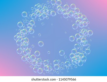 Soap foam on gradient background. Realistic water bubbles 3d. Cool rainbow colored liquid foam with shampoo bubbles. Horizontal cosmetic flyer and invite. Soap foam for bath and shower. Vector EPS10.