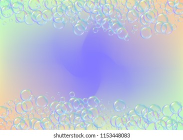Soap foam on gradient background. Realistic water bubbles 3d. Cool rainbow colored liquid foam with shampoo bubbles. Horizontal cosmetic flyer and invite. Soap foam for bath and shower. Vector EPS10.