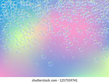Soap foam on gradient background. Realistic water bubbles 3d. Cool rainbow colored liquid foam with shampoo bubbles. Horizontal cosmetic flyer and invite. Soap foam for bath and shower. Vector EPS10.