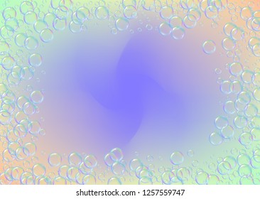 Soap foam on gradient background. Realistic water bubbles 3d. Cool rainbow colored liquid foam with shampoo bubbles. Horizontal cosmetic flyer and invite. Soap foam for bath and shower. Vector EPS10.