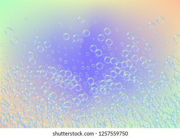 Soap foam on gradient background. Realistic water bubbles 3d. Cool rainbow colored liquid foam with shampoo bubbles. Horizontal cosmetic flyer and invite. Soap foam for bath and shower. Vector EPS10.