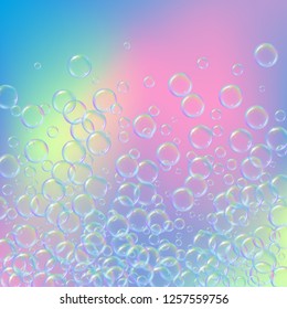 Soap foam on gradient background. Realistic water bubbles 3d. Cool rainbow colored liquid foam with shampoo bubbles. Cosmetic flyer and invite. Soap for bath and shower. Vector EPS10.