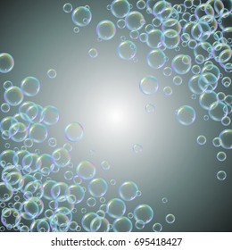Soap foam on gradient background. Realistic water bubbles 3d. Cool rainbow colored liquid foam with shampoo bubbles. Cosmetic flyer and invite. Soap for bath and shower. Vector EPS10.