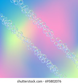 Soap foam on gradient background. Realistic water bubbles 3d. Cool rainbow colored liquid foam with shampoo bubbles. Cosmetic flyer and invite. Soap for bath and shower. Vector EPS10.