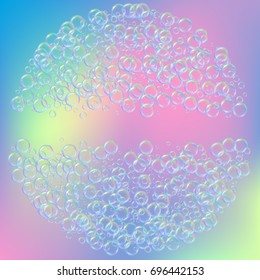 Soap foam on gradient background. Realistic water bubbles 3d. Cool rainbow colored liquid foam with shampoo bubbles. Cosmetic flyer and invite. Soap for bath and shower. Vector EPS10.