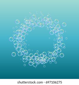 Soap foam on gradient background. Realistic water bubbles 3d. Cool rainbow colored liquid foam with shampoo bubbles. Cosmetic flyer and invite. Soap for bath and shower. Vector EPS10.