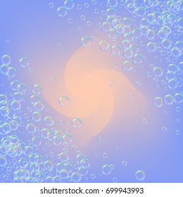 Soap foam on gradient background. Realistic water bubbles 3d. Cool rainbow colored liquid foam with shampoo bubbles. Cosmetic flyer and invite. Soap for bath and shower. Vector EPS10.