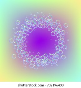 Soap foam on gradient background. Realistic water bubbles 3d. Cool rainbow colored liquid foam with shampoo bubbles. Cosmetic flyer and invite. Soap for bath and shower. Vector EPS10.