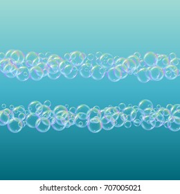 Soap foam on gradient background. Realistic water bubbles 3d. Cool rainbow colored liquid foam with shampoo bubbles. Cosmetic flyer and invite. Soap for bath and shower. Vector EPS10.