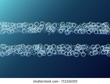 Soap foam on gradient background. Realistic water bubbles 3d. Cool rainbow colored liquid foam with shampoo bubbles. Horizontal cosmetic flyer and invite. Soap foam for bath and shower. Vector EPS10.