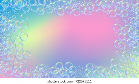 Soap foam on gradient background. Realistic water bubbles 3d. Cool rainbow colored liquid foam with shampoo bubbles. Cosmetic flyer and invite. Soap foam for bath and shower. Vector EPS10.
