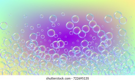 Soap foam on gradient background. Realistic water bubbles 3d. Cool rainbow colored liquid foam with shampoo bubbles. Cosmetic flyer and invite. Soap foam for bath and shower. Vector EPS10.