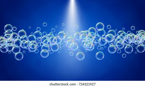 Soap foam on gradient background. Realistic water bubbles 3d. Cool rainbow colored liquid foam with shampoo bubbles. Cosmetic flyer and invite. Soap foam for bath and shower. Vector EPS10.