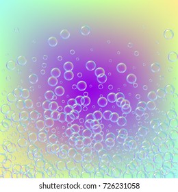 Soap foam on gradient background. Realistic water bubbles 3d. Cool rainbow colored liquid foam with shampoo bubbles. Cosmetic flyer and invite. Soap for bath and shower. Vector EPS10.