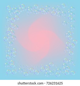 Soap foam on gradient background. Realistic water bubbles 3d. Cool rainbow colored liquid foam with shampoo bubbles. Cosmetic flyer and invite. Soap for bath and shower. Vector EPS10.
