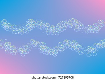 Soap foam on gradient background. Realistic water bubbles 3d. Cool rainbow colored liquid foam with shampoo bubbles. Horizontal cosmetic flyer and invite. Soap foam for bath and shower. Vector EPS10.