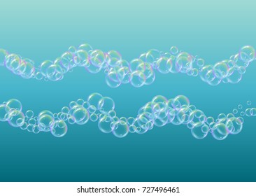 Soap foam on gradient background. Realistic water bubbles 3d. Cool rainbow colored liquid foam with shampoo bubbles. Horizontal cosmetic flyer and invite. Soap foam for bath and shower. Vector EPS10.