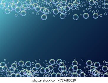 Soap foam on gradient background. Realistic water bubbles 3d. Cool rainbow colored liquid foam with shampoo bubbles. Horizontal cosmetic flyer and invite. Soap foam for bath and shower. Vector EPS10.