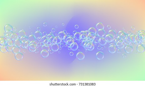 Soap foam on gradient background. Realistic water bubbles 3d. Cool rainbow colored liquid foam with shampoo bubbles. Cosmetic flyer and invite. Soap foam for bath and shower. Vector EPS10.