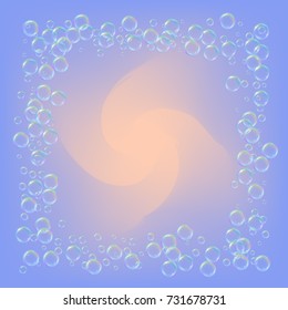 Soap foam on gradient background. Realistic water bubbles 3d. Cool rainbow colored liquid foam with shampoo bubbles. Cosmetic flyer and invite. Soap for bath and shower. Vector EPS10.