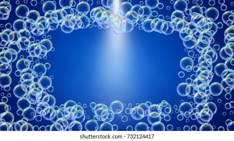 Soap foam on gradient background. Realistic water bubbles 3d. Cool rainbow colored liquid foam with shampoo bubbles. Cosmetic flyer and invite. Soap foam for bath and shower. Vector EPS10.