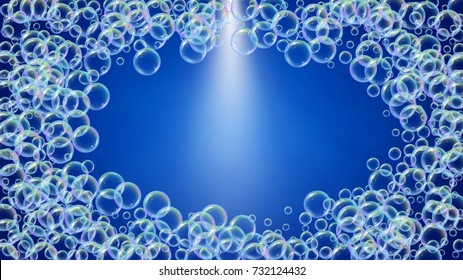 Soap foam on gradient background. Realistic water bubbles 3d. Cool rainbow colored liquid foam with shampoo bubbles. Cosmetic flyer and invite. Soap foam for bath and shower. Vector EPS10.