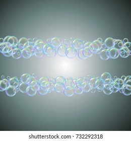 Soap foam on gradient background. Realistic water bubbles 3d. Cool rainbow colored liquid foam with shampoo bubbles. Cosmetic flyer and invite. Soap for bath and shower. Vector EPS10.