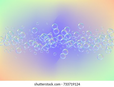 Soap foam on gradient background. Realistic water bubbles 3d. Cool rainbow colored liquid foam with shampoo bubbles. Horizontal cosmetic flyer and invite. Soap foam for bath and shower. Vector EPS10.