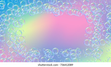 Soap foam on gradient background. Realistic water bubbles 3d. Cool rainbow colored liquid foam with shampoo bubbles. Cosmetic flyer and invite. Soap foam for bath and shower. Vector EPS10.