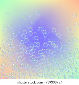 Soap foam on gradient background. Realistic water bubbles 3d. Cool rainbow colored liquid foam with shampoo bubbles. Square cosmetic flyer and invite. Soap foam for bath and shower. Vector EPS10.