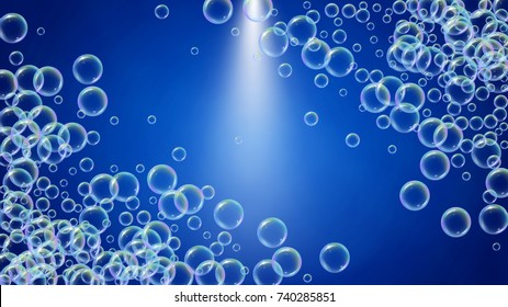 Soap foam on gradient background. Realistic water bubbles 3d. Cool rainbow colored liquid foam with shampoo bubbles. Cosmetic flyer and invite. Soap foam for bath and shower. Vector EPS10.