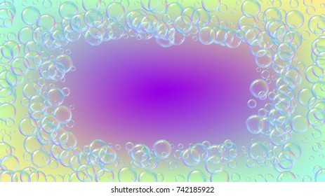 Soap foam on gradient background. Realistic water bubbles 3d. Cool rainbow colored liquid foam with shampoo bubbles. Cosmetic flyer and invite. Soap foam for bath and shower. Vector EPS10.