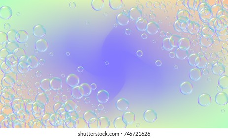 Soap foam on gradient background. Realistic water bubbles 3d. Cool rainbow colored liquid foam with shampoo bubbles. Cosmetic flyer and invite. Soap foam for bath and shower. Vector EPS10.