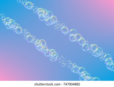 Soap foam on gradient background. Realistic water bubbles 3d. Cool rainbow colored liquid foam with shampoo bubbles. Horizontal cosmetic flyer and invite. Soap foam for bath and shower. Vector EPS10.