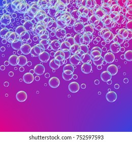 Soap foam on gradient background. Realistic water bubbles 3d. Cool rainbow colored liquid foam with shampoo bubbles. Cosmetic flyer and invite. Soap for bath and shower. Vector EPS10.