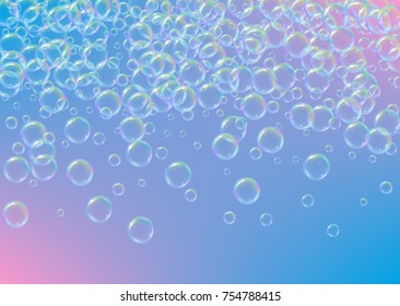 Soap foam on gradient background. Realistic water bubbles 3d. Cool rainbow colored liquid foam with shampoo bubbles. Horizontal cosmetic flyer and invite. Soap foam for bath and shower. Vector EPS10.