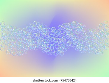 Soap foam on gradient background. Realistic water bubbles 3d. Cool rainbow colored liquid foam with shampoo bubbles. Horizontal cosmetic flyer and invite. Soap foam for bath and shower. Vector EPS10.