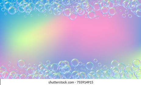 Soap foam on gradient background. Realistic water bubbles 3d. Cool rainbow colored liquid foam with shampoo bubbles. Cosmetic flyer and invite. Soap foam for bath and shower. Vector EPS10.