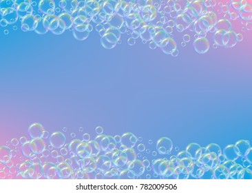 Soap foam on gradient background. Realistic water bubbles 3d. Cool rainbow colored liquid foam with shampoo bubbles. Horizontal cosmetic flyer and invite. Soap foam for bath and shower. Vector EPS10.