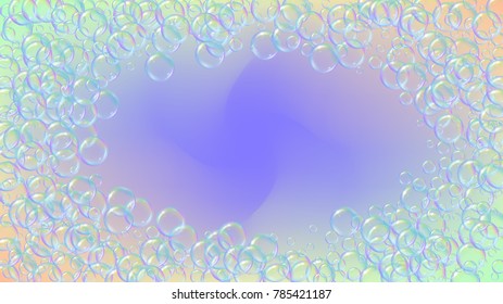 Soap foam on gradient background. Realistic water bubbles 3d. Cool rainbow colored liquid foam with shampoo bubbles. Cosmetic flyer and invite. Soap foam for bath and shower. Vector EPS10.