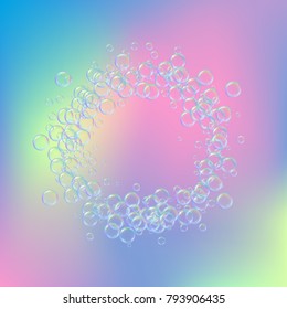 Soap foam on gradient background. Realistic water bubbles 3d. Cool rainbow colored liquid foam with shampoo bubbles. Cosmetic flyer and invite. Soap for bath and shower. Vector EPS10.