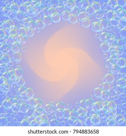 Soap foam on gradient background. Realistic water bubbles 3d. Cool rainbow colored liquid foam with shampoo bubbles. Cosmetic flyer and invite. Soap for bath and shower. Vector EPS10.