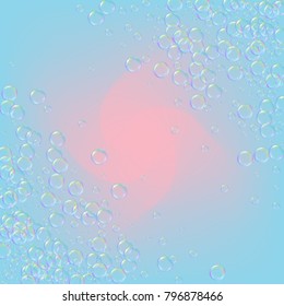 Soap foam on gradient background. Realistic water bubbles 3d. Cool rainbow colored liquid foam with shampoo bubbles. Cosmetic flyer and invite. Soap for bath and shower. Vector EPS10.